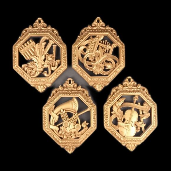 Syroco Wall Hangings Set Of 4 Musical Instruments Wall Decor Wall Art Gold Tone - Picture 1 of 11
